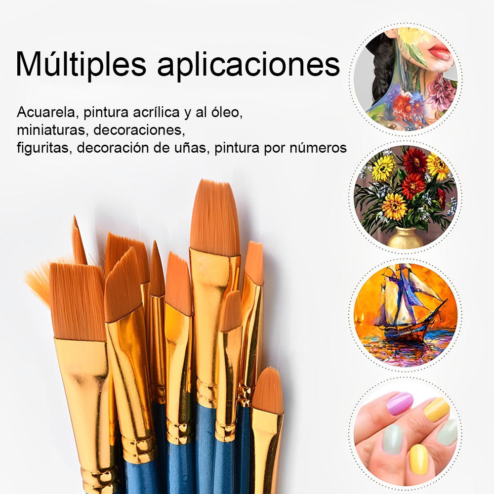 10 Pinceles para Pintura Acrílica - Diferentes Tamaños y Formas