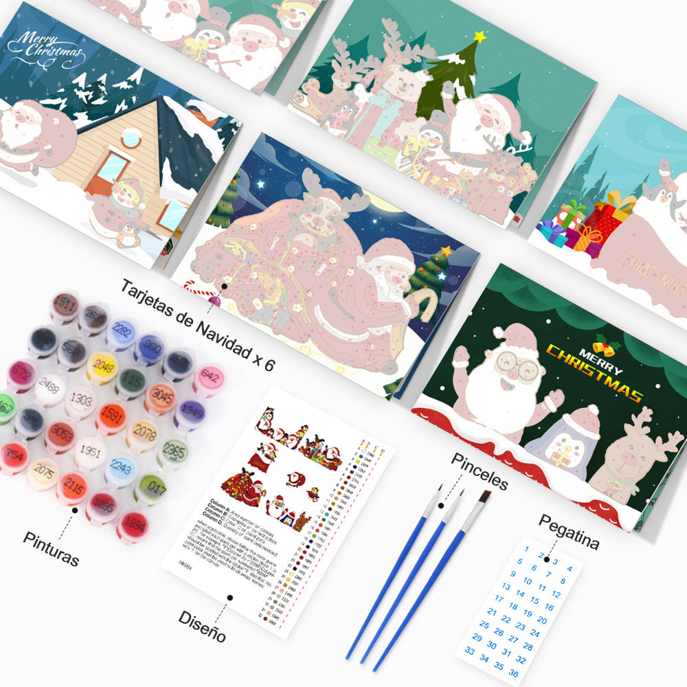 6 Tarjetas Navideñas para Pintar por Números | Papá Noel, Pingüino y Reno