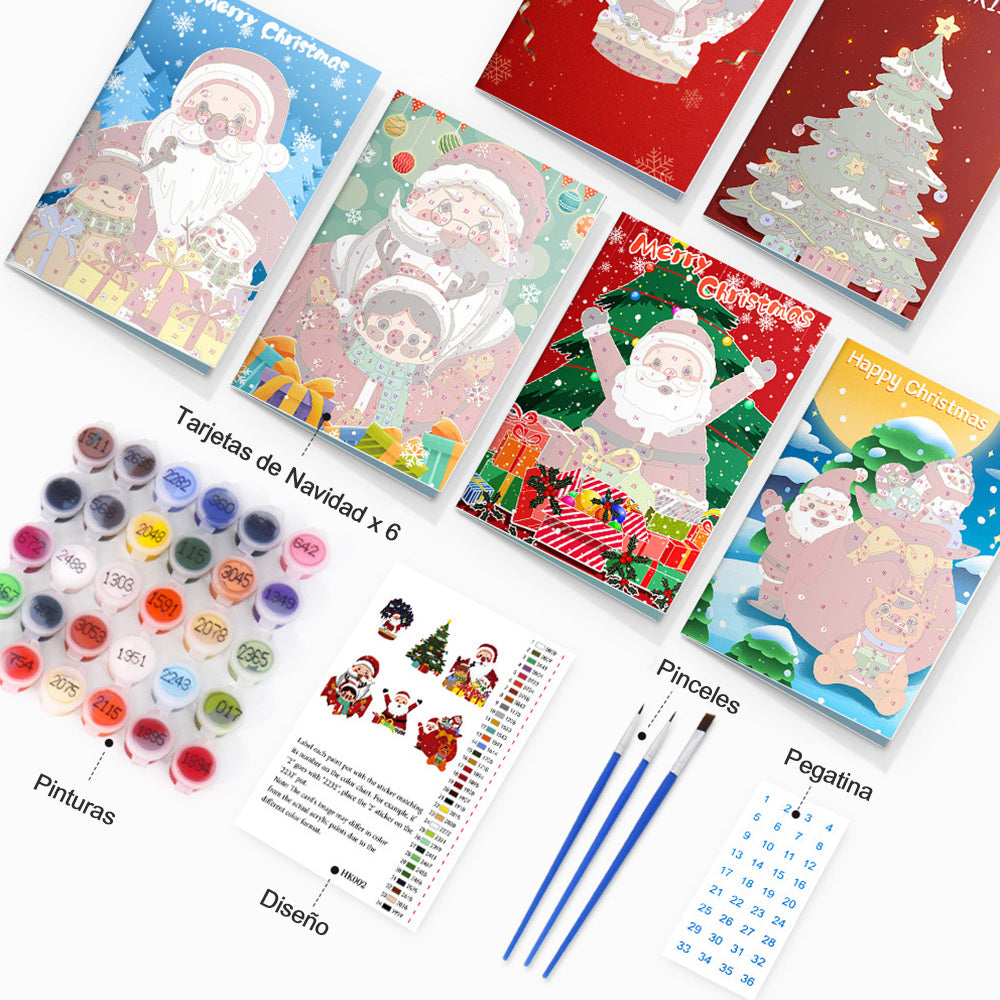 6 Tarjetas Navideñas para Pintar por Números | Papá Noel y Árbol de Navidad