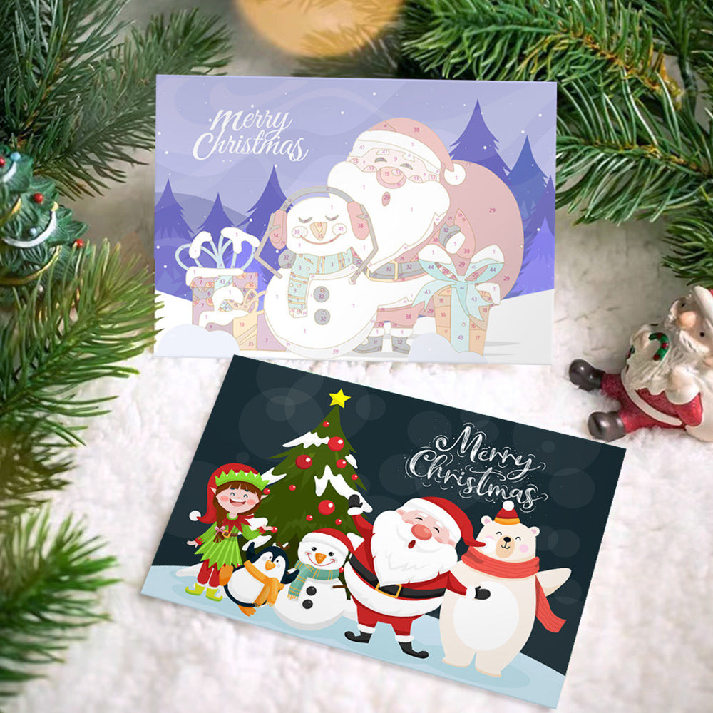 6 Tarjetas Navideñas para Pintar por Números | Papá Noel y Muñeco de Nieve