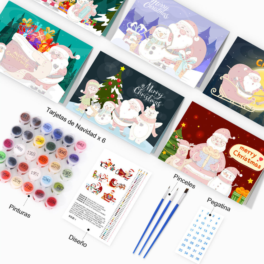 6 Tarjetas Navideñas para Pintar por Números | Papá Noel y Muñeco de Nieve