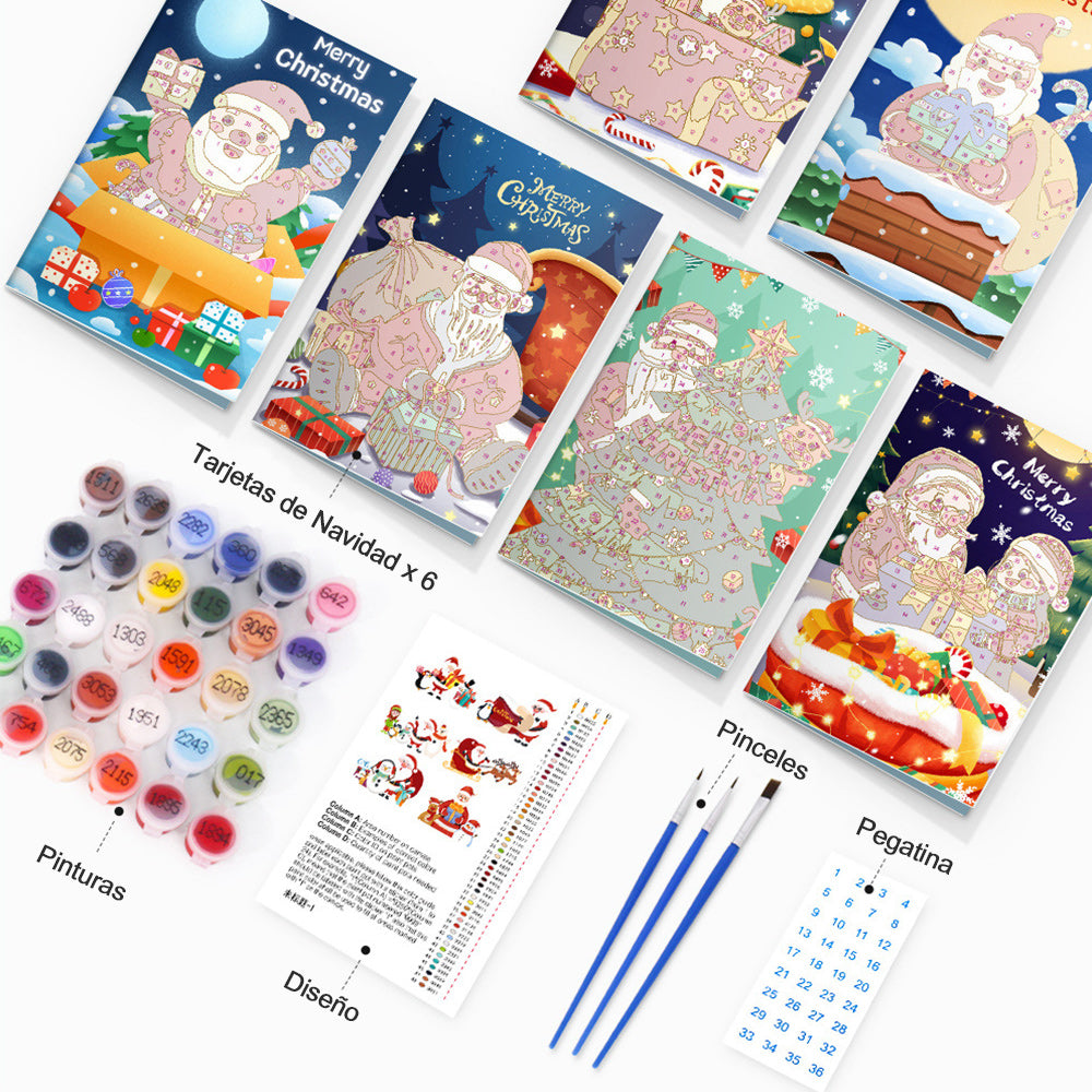 6 Tarjetas Navideñas para Pintar por Números | Paquete de Regalo de Papá Noel