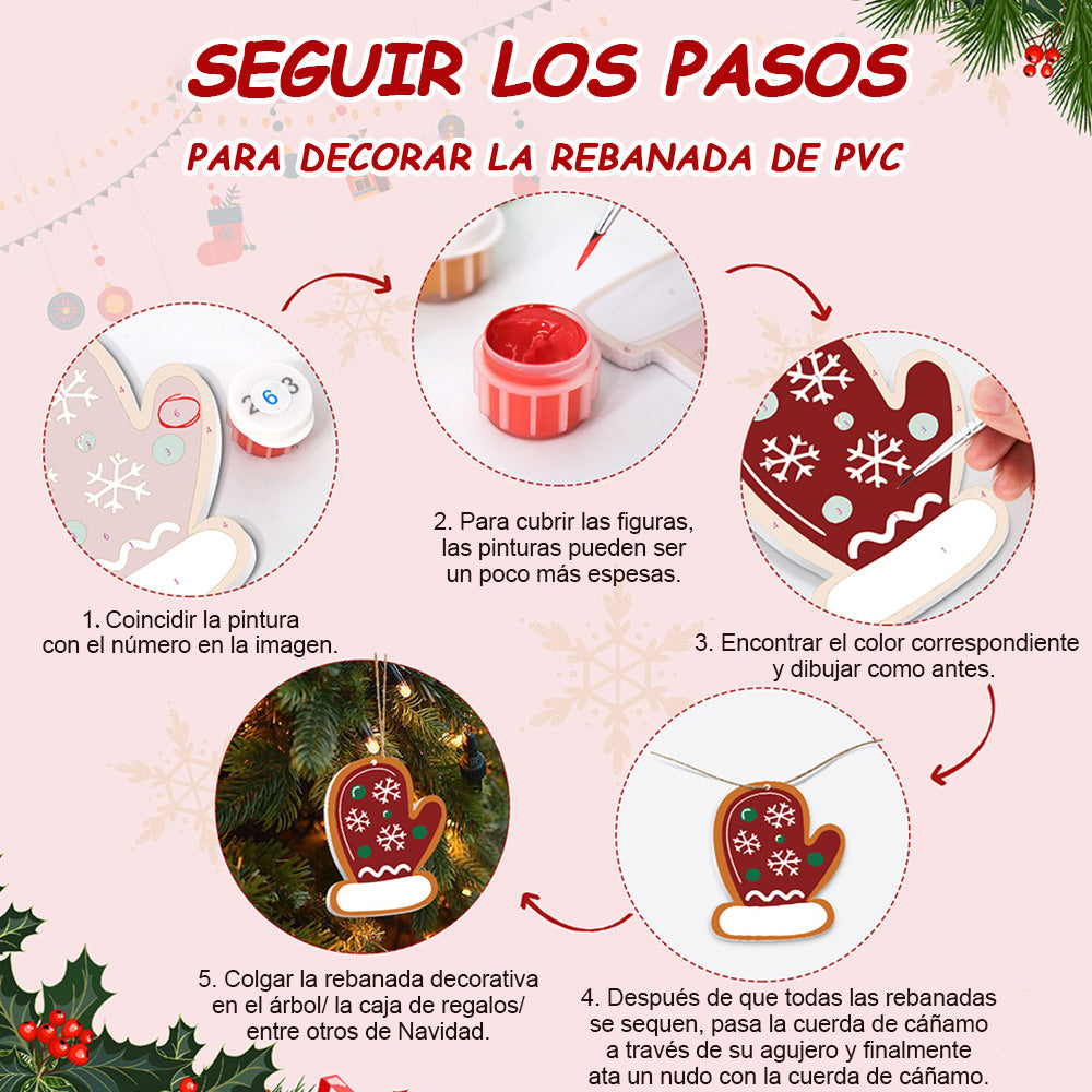 8 Piezas de Adornos Navideños Pintar por Números | Kit de Campanas y Guantes
