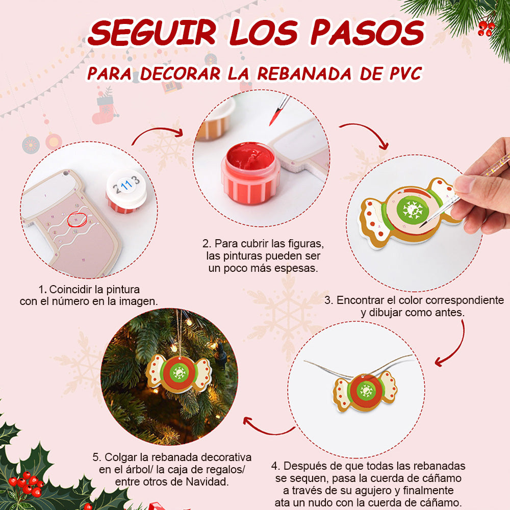 8 Piezas de Adornos Navideños Pintar por Números | Kit de Caramelo y Caballo de Madera