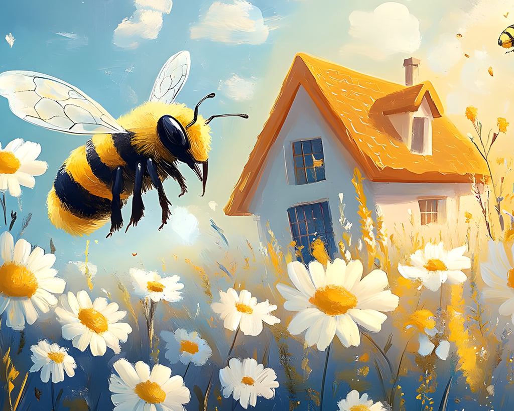 Abeja y Campo de Camomilas y Casa Pintar por Números