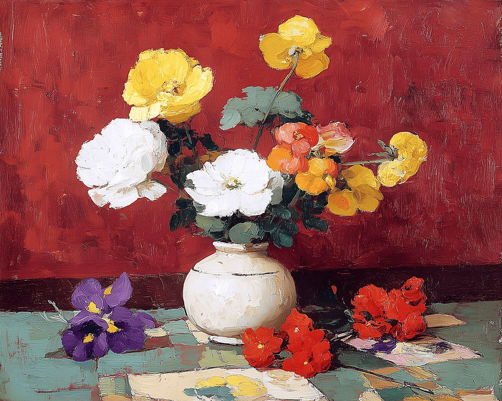 Amapolas Coloridas en Jarrón de Porcelana Blanca Pintar por Números