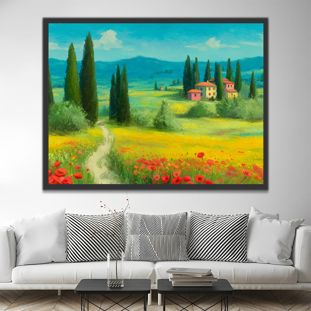 Amapolas y Pinos y Casa Blanca en el Prado Pintar por Números