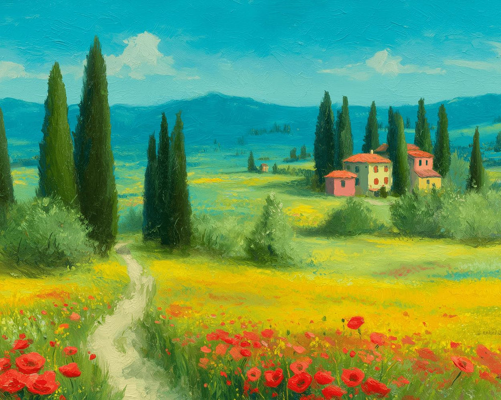 Amapolas y Pinos y Casa Blanca en el Prado Pintar por Números