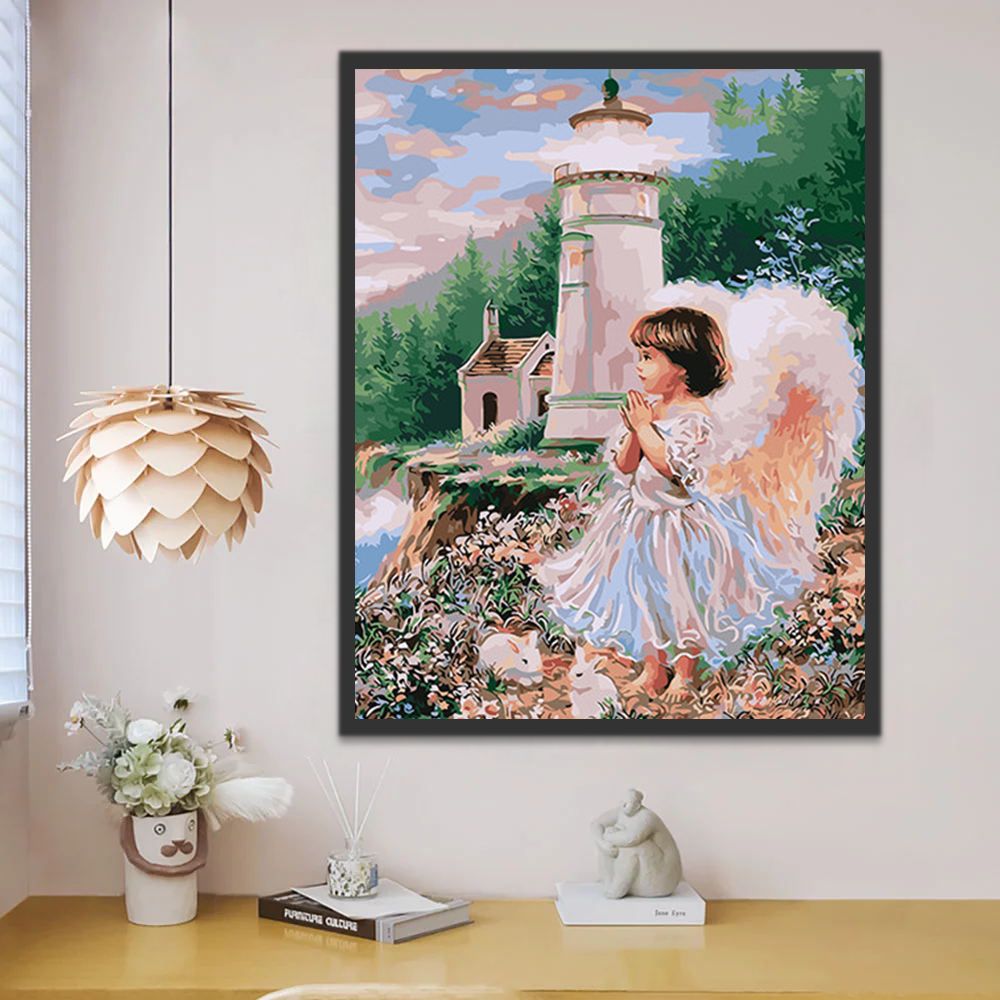 Ángel Niña y Conejos al Lado de Faro Pintar por Números Niños
