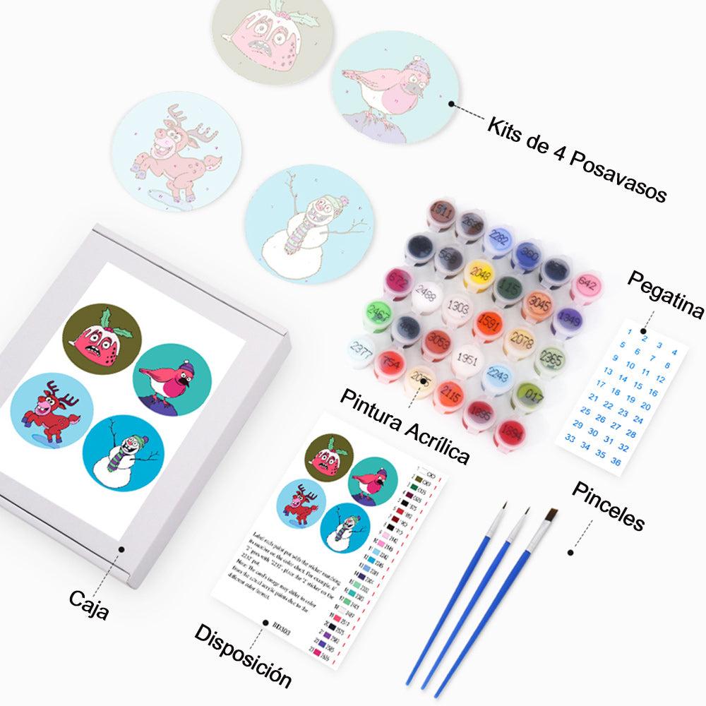 Animales Navideños 4 Posavasos Pintar por Números