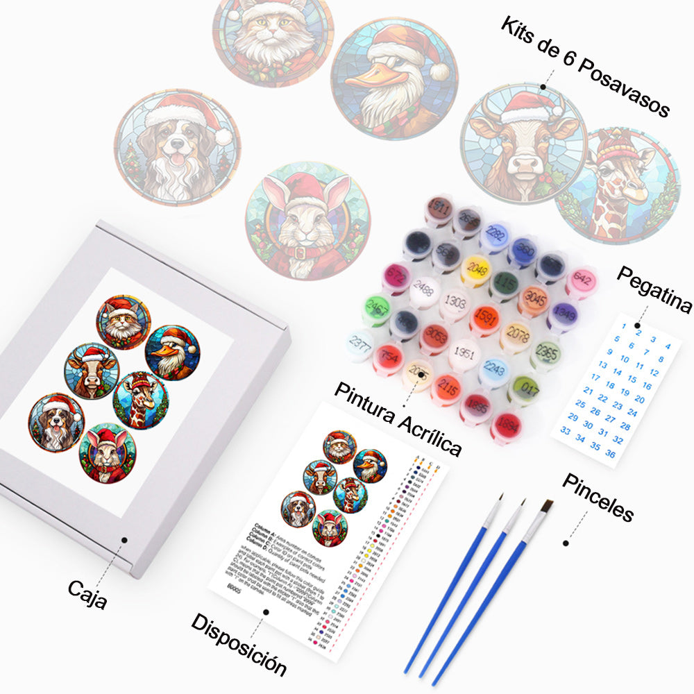 Animales Navideños 6 Posavasos Pintar por Números