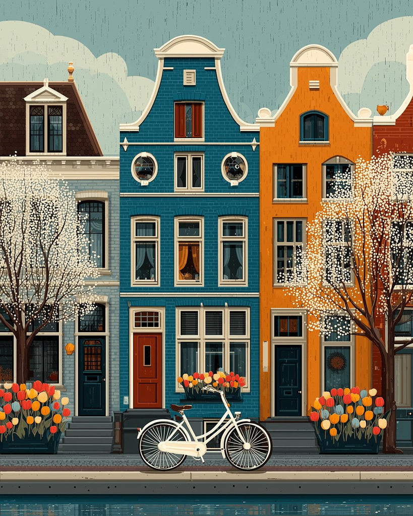 Árbol Blanco y Bicicleta frente a Edificio Colorido Pintar por Números