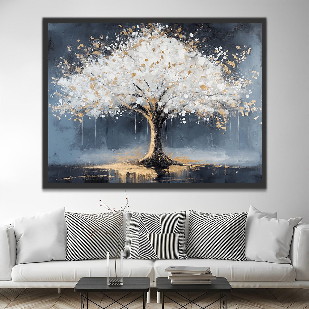 Árbol con Flores Blancas en Fondo Gris Pintar por Números
