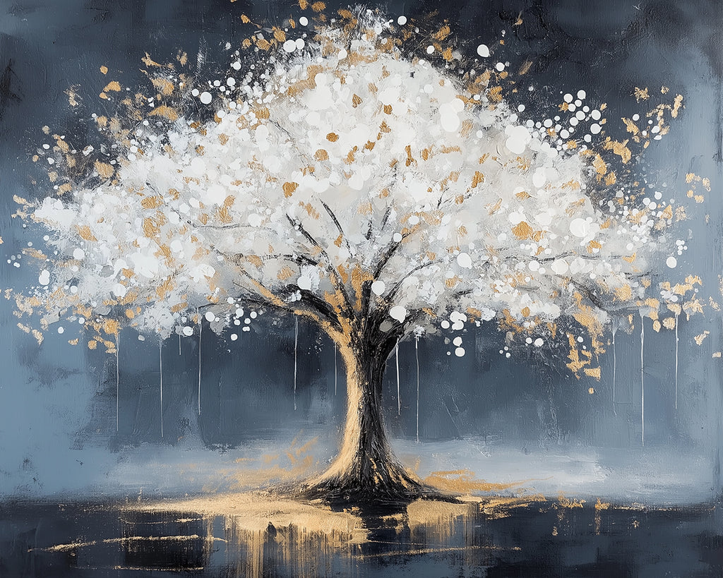 Árbol con Flores Blancas en Fondo Gris Pintar por Números