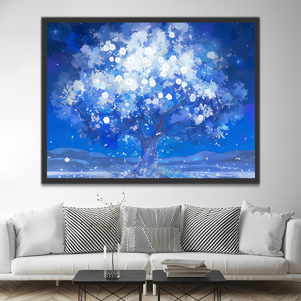 Árbol con Flores Blancas en la Noche Azul Pintar por Números
