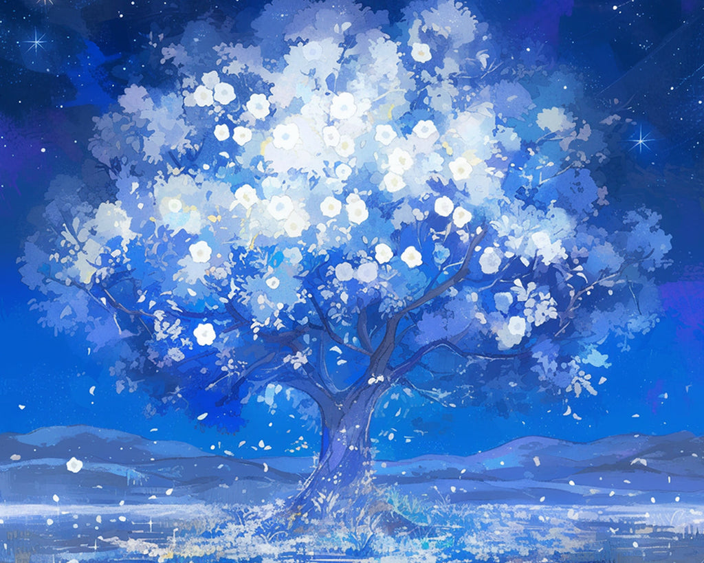 Árbol con Flores Blancas en la Noche Azul Pintar por Números