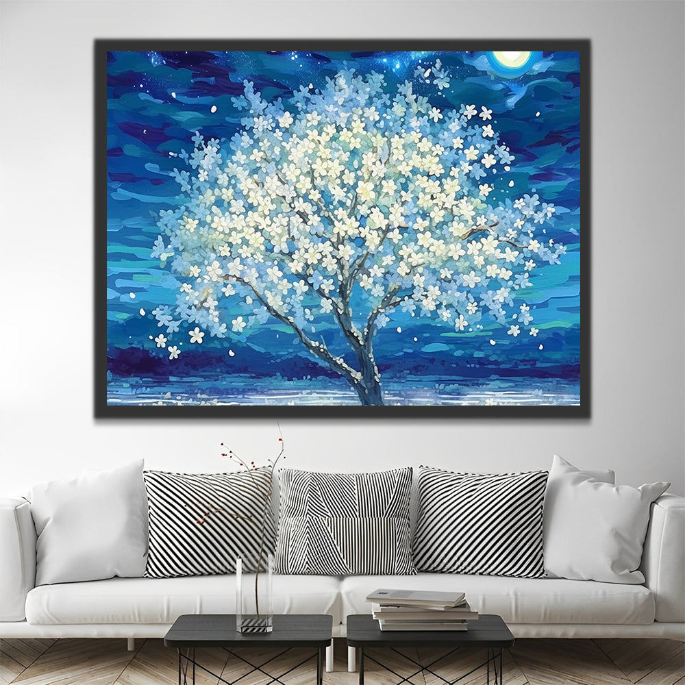 Árbol de Flores Blancas a la Luz de la Luna Pintar por Números