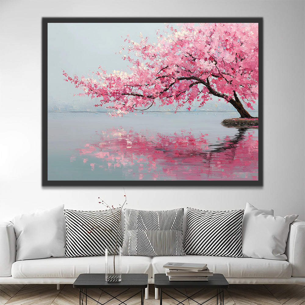 Árbol de Flores de Durazno Rosadas en el Lago Pintar por Números