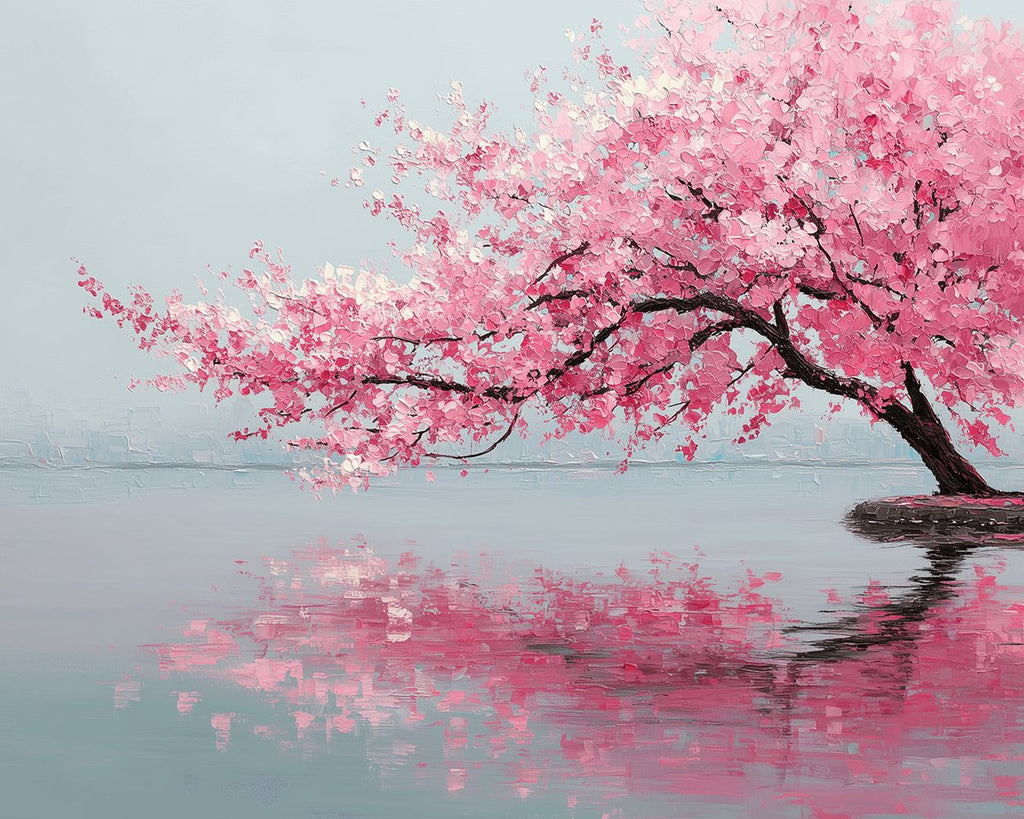 Árbol de Flores de Durazno Rosadas en el Lago Pintar por Números