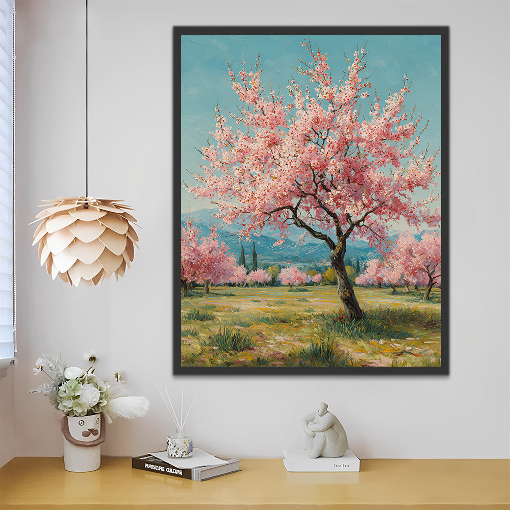 Árbol de Flores Rosadas en el Campo Pintar por Números
