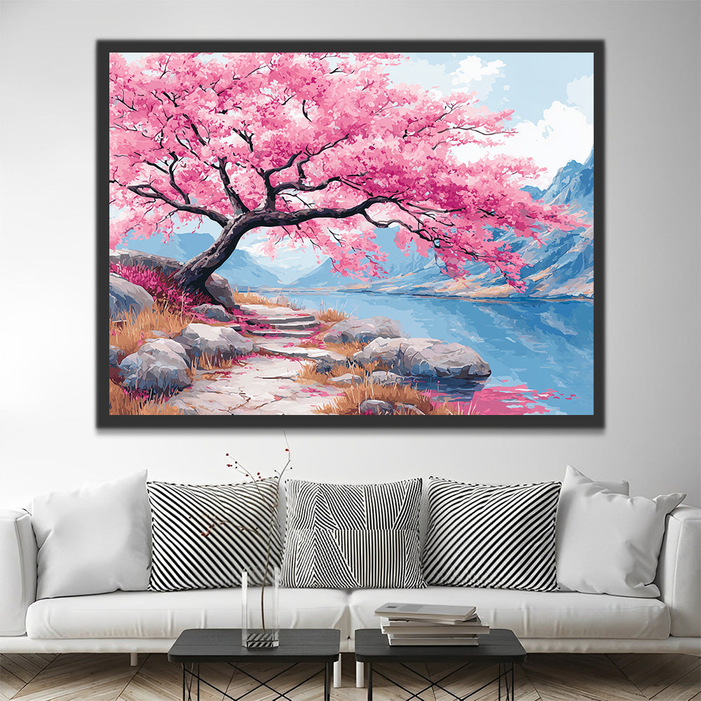 Árbol de Flores Rosadas junto al Río en las Montañas Pintar por Números