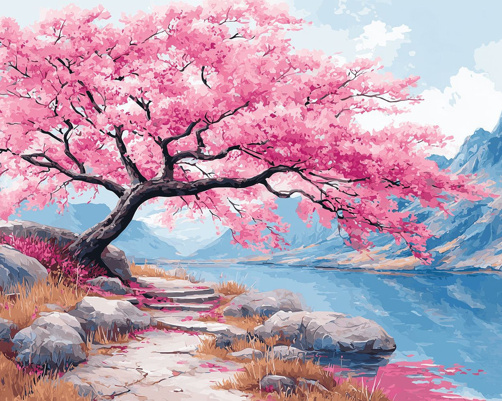 Árbol de Flores Rosadas junto al Río en las Montañas Pintar por Números