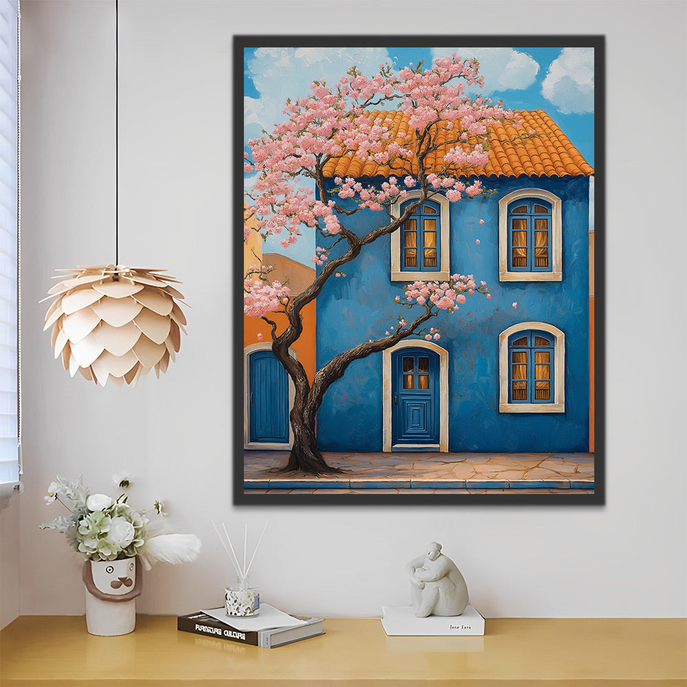 Árbol de Flores Rosadas y Casa Azul Pintar por Números