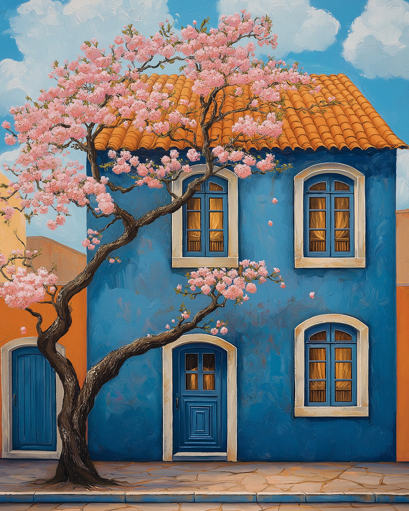 Árbol de Flores Rosadas y Casa Azul Pintar por Números