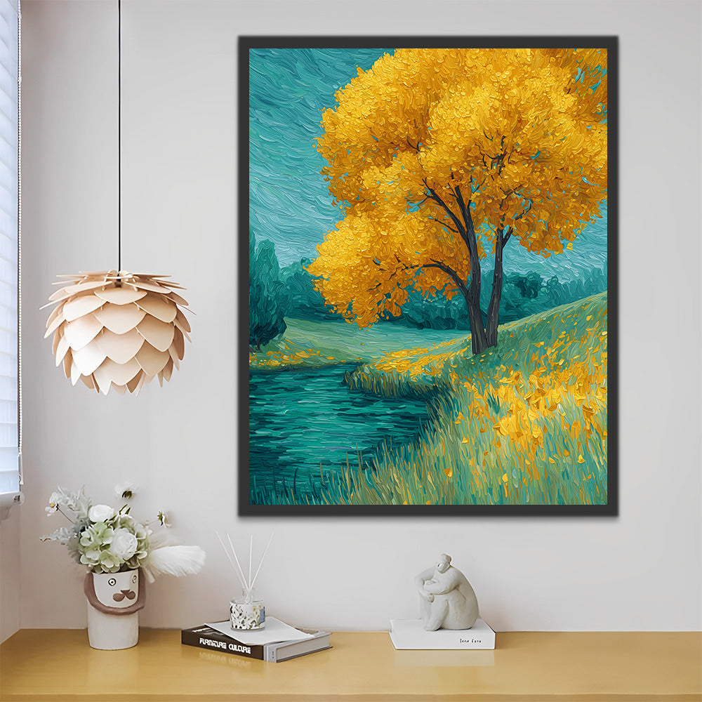 Árbol Dorado Junto al Río Salvaje Pintar por Números