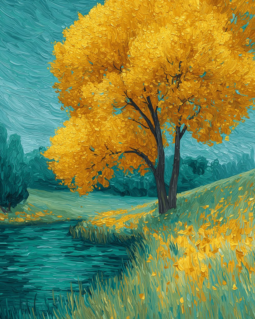 Árbol Dorado Junto al Río Salvaje Pintar por Números