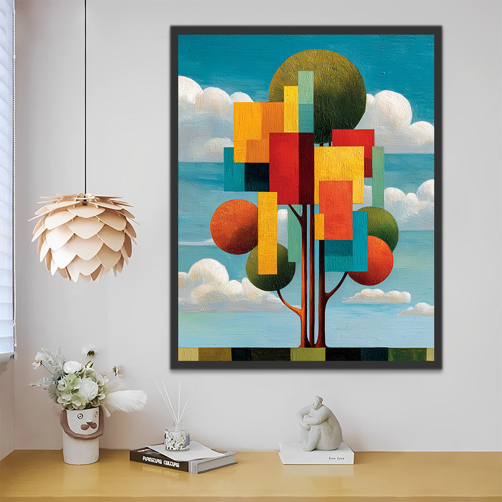 Árbol Geométrico Abstracto bajo Nubes Blancas Pintar por Números