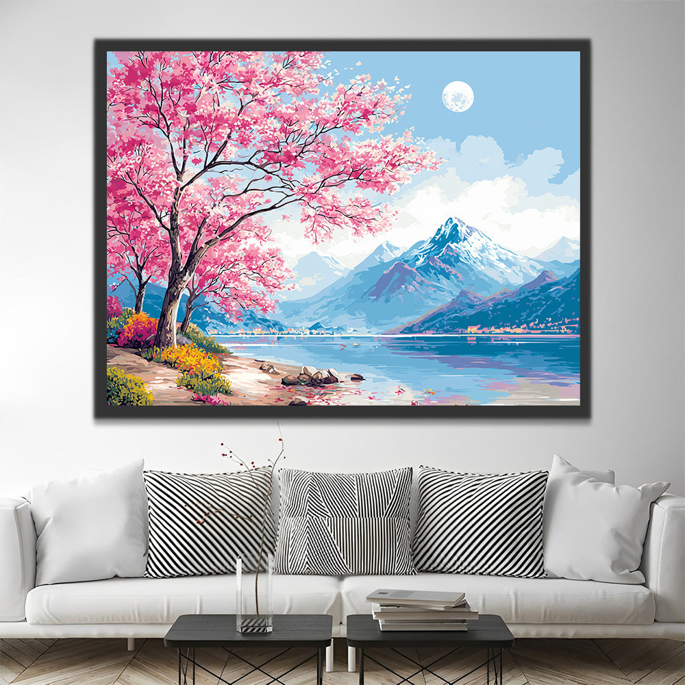 Árboles de Flores Rosadas junto a Montañas Pintar por Números