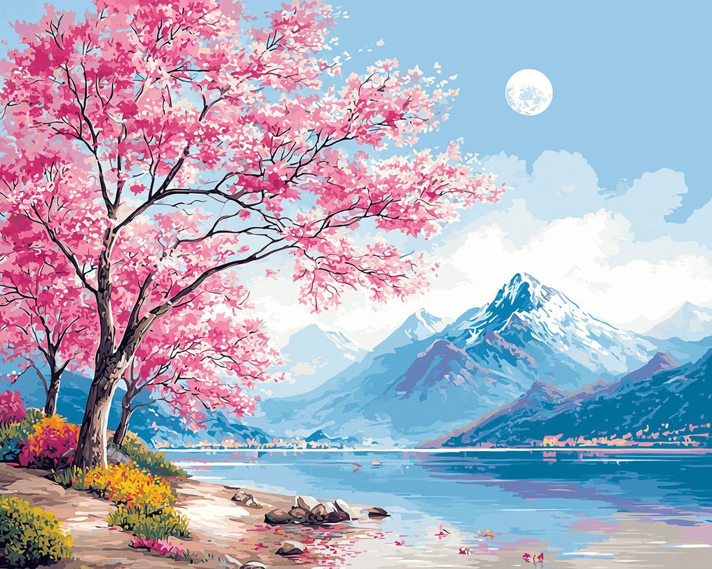 Árboles de Flores Rosadas junto a Montañas Pintar por Números
