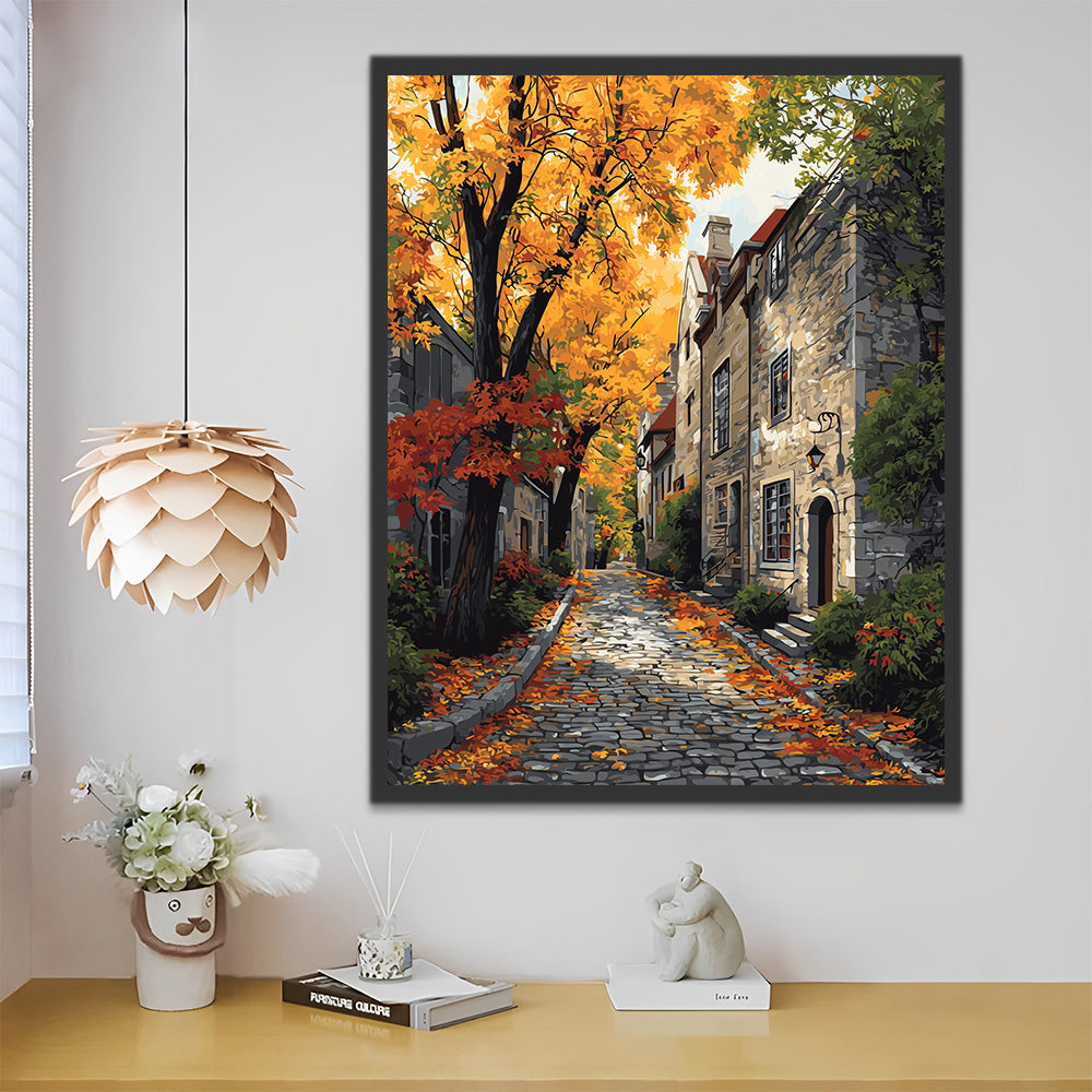 Árboles de Otoño y Casas en Ciudad Pintar por Números