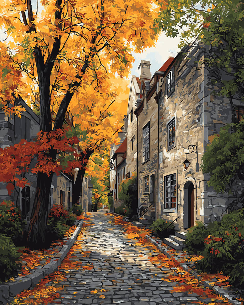 Árboles de Otoño y Casas en Ciudad Pintar por Números