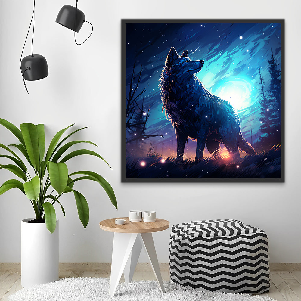 Árboles y Lobo sobre Césped en la Noche Pintar por Números