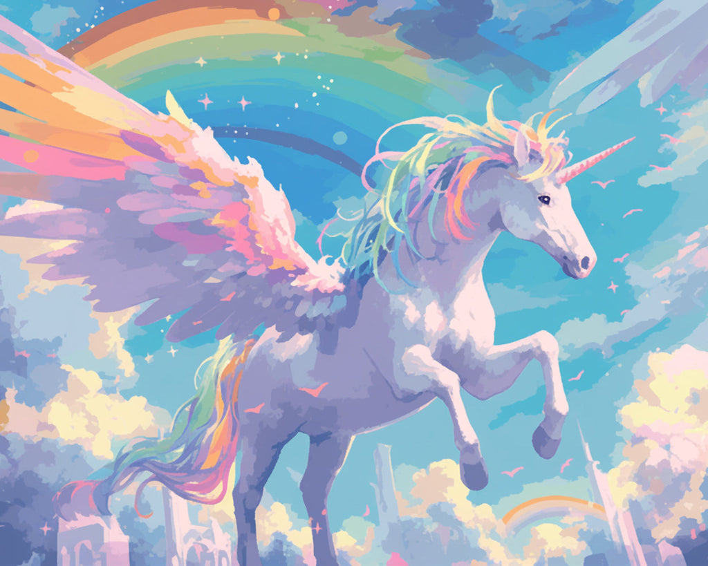 Arco Iris y Nubes y Unicornio con Alas Pintar por Números