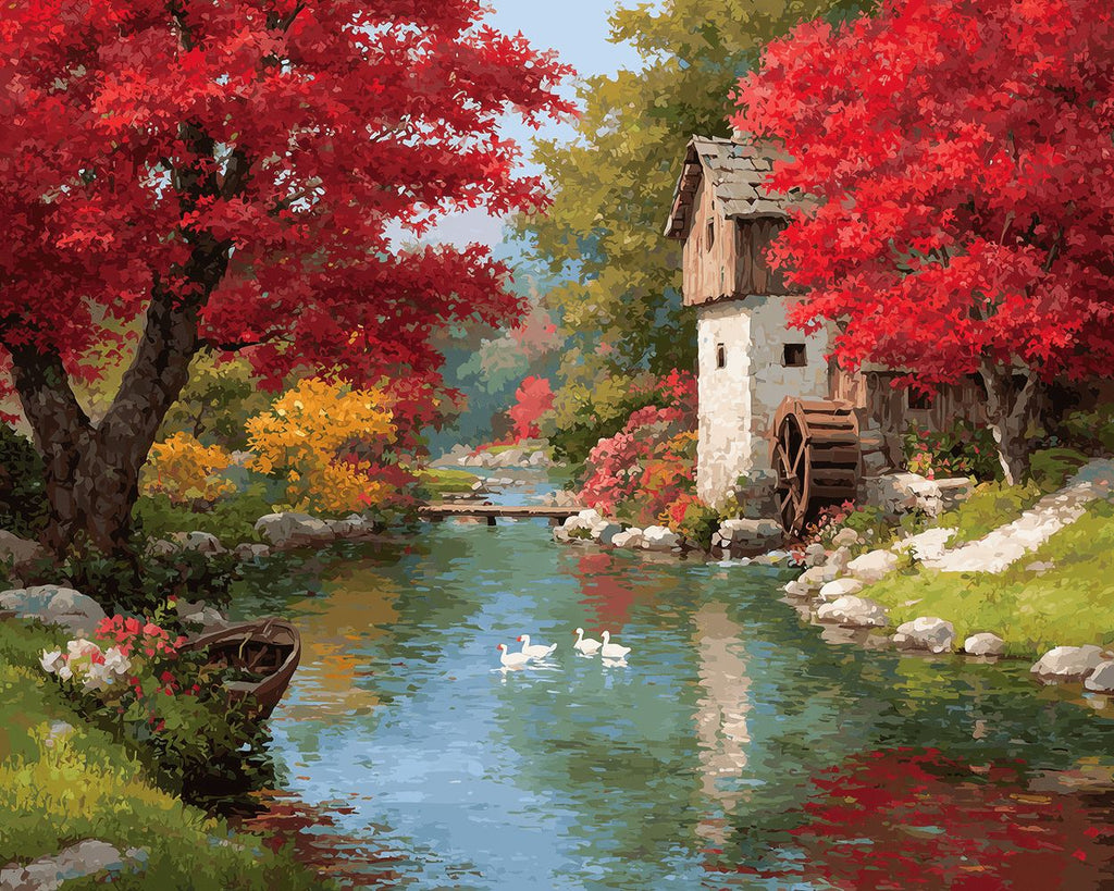 Arroyo y Casa Pequeña en el Bosque Pintar por Números