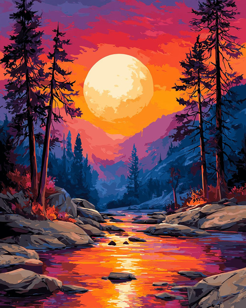 Arroyo y Montaña al Atardecer Pintar por Números