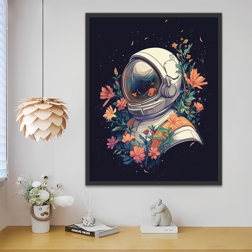 Astronauta Rodeado de Flores en Fondo Negro Pintar por Números