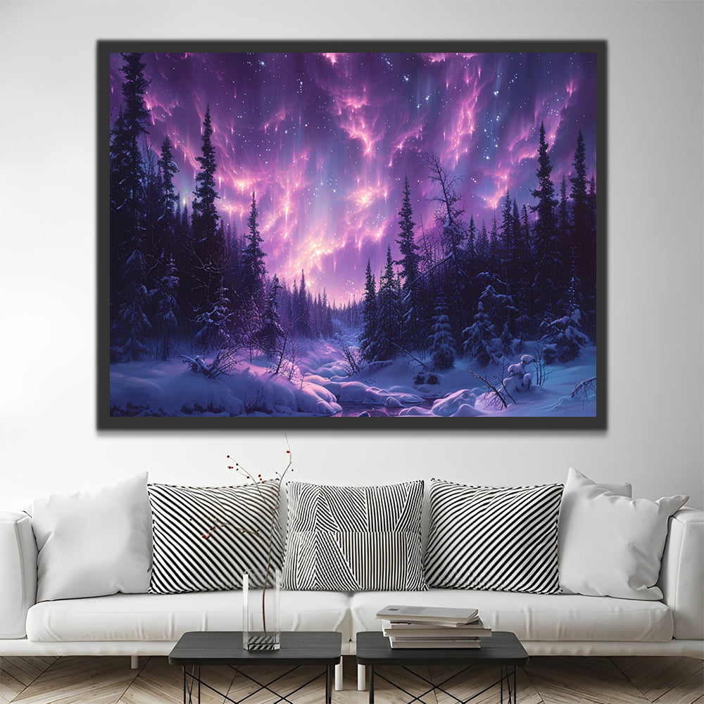 Aurora Boreal Morada y Bosque de Pinos Pintar por Números