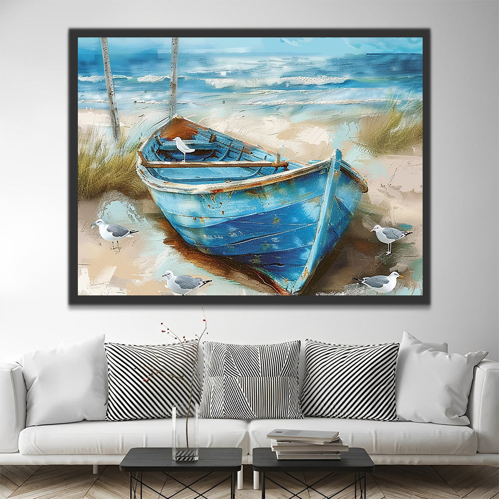 Barco Azul y Pájaros en la Playa Pintar por Números