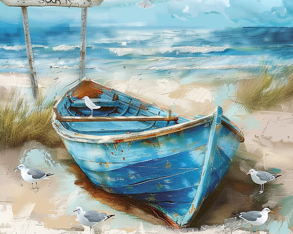 Barco Azul y Pájaros en la Playa Pintar por Números