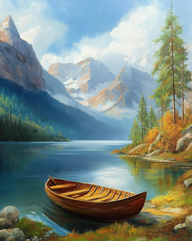Barco en el Río y Montañas al Fondo Pintar por Números