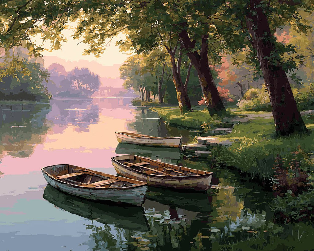Barcos de Madera en el Río bajo Árboles Pintar por Números