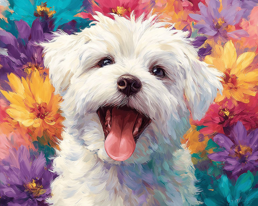 Bichón Frisé Blanco entre Crisantemos Coloridos Pintar por Números