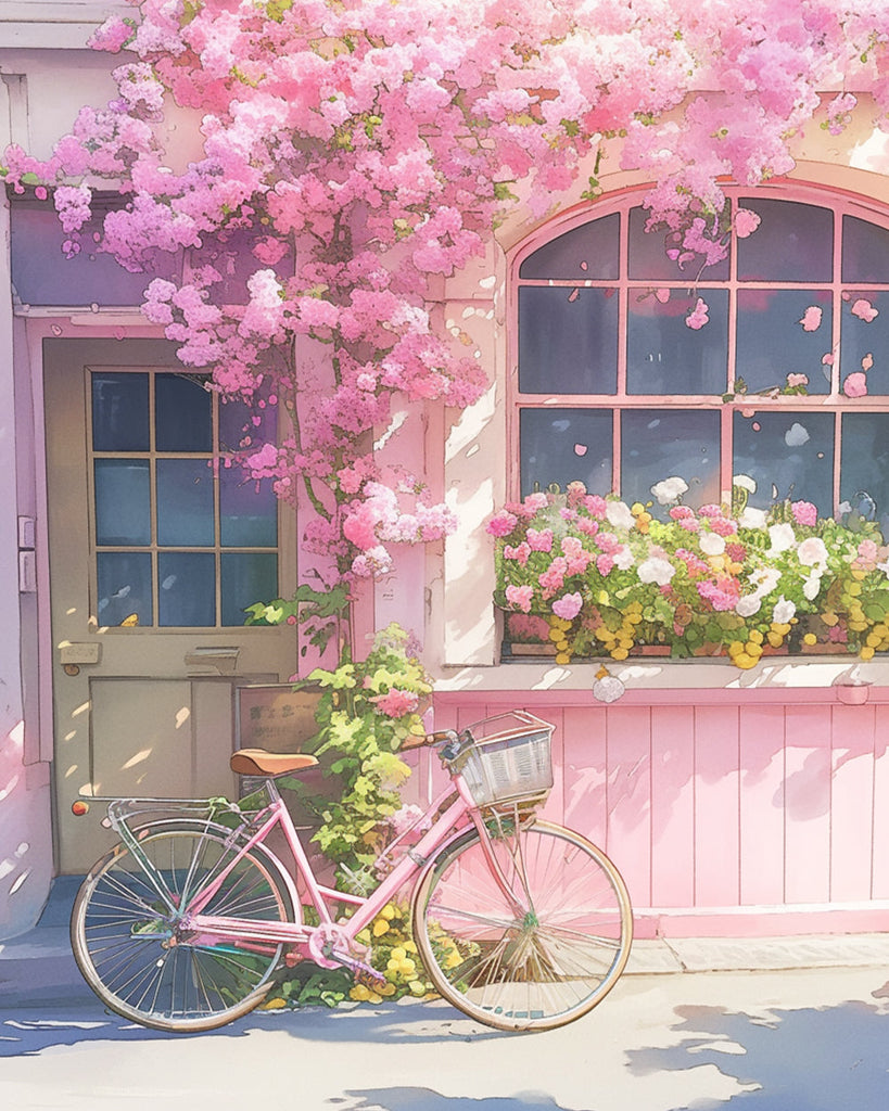 Bicicleta y Flores Rosadas en la Calle Pintar por Números