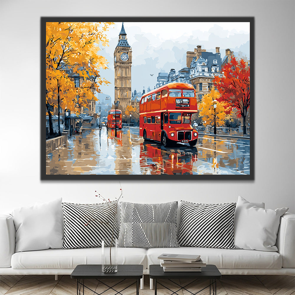 Big Ben y Autobús Rojo en la Lluvia Pintar por Números