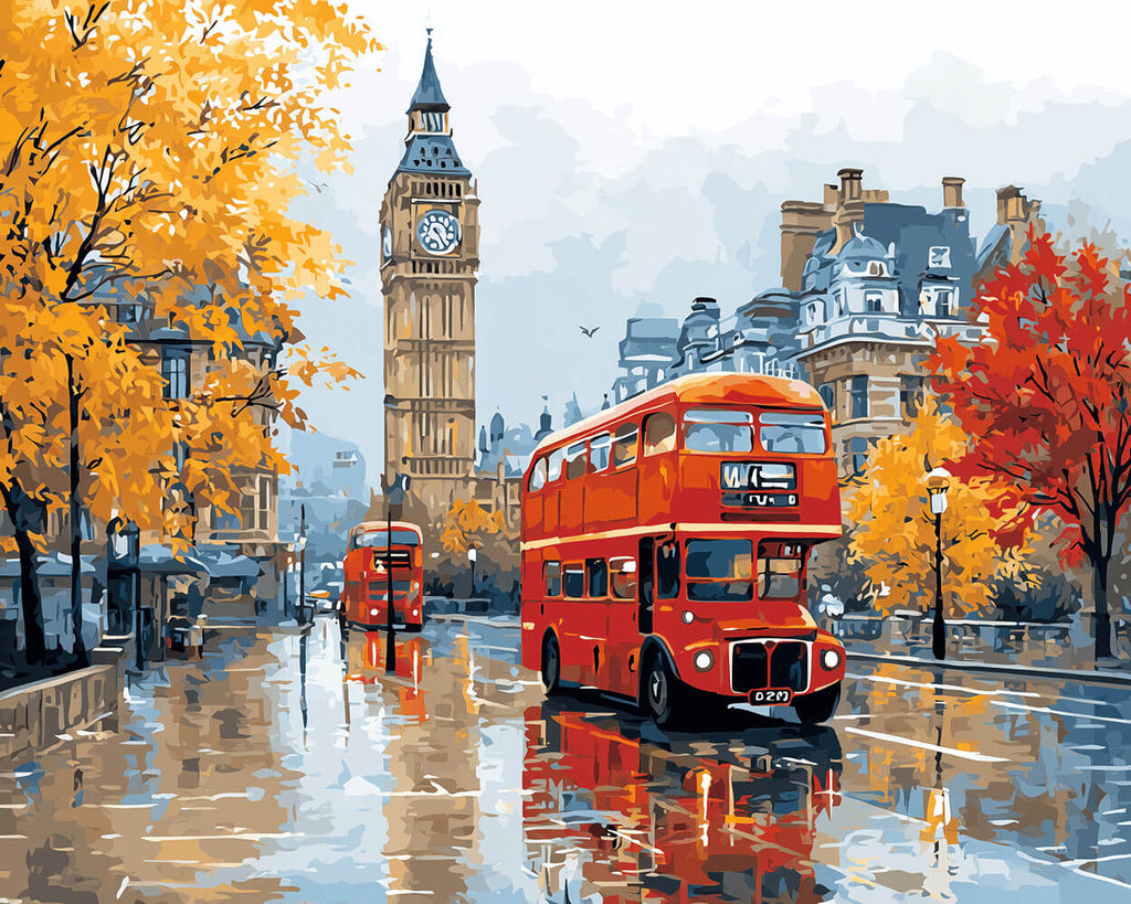 Big Ben y Autobús Rojo en la Lluvia Pintar por Números