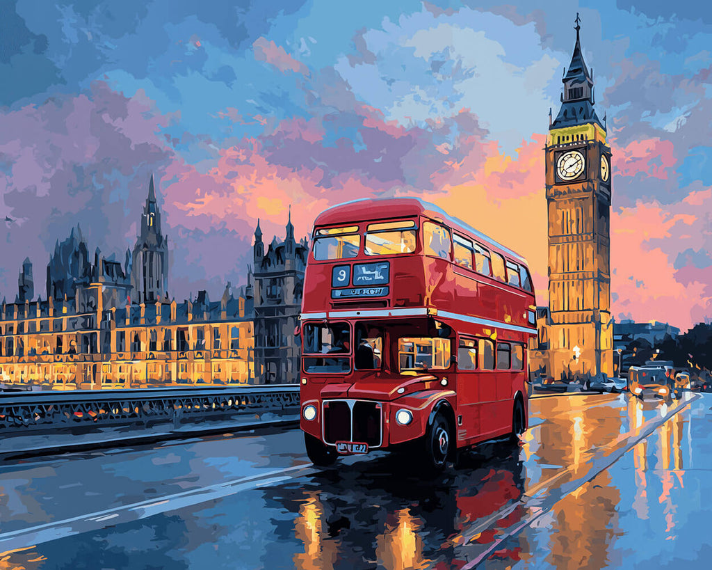Big Ben y Autobús Rojo por la Noche Pintar por Números